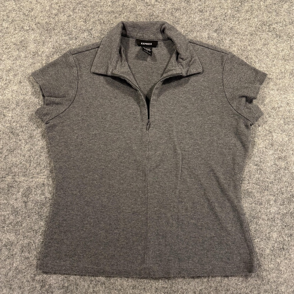 Y2K VTG Express Baby Tee Shirt Womens Large Gray Half Zip Collared USA‎ Preppy